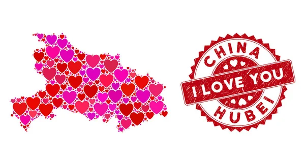 Valentine Heart Mosaic Hubei Tartomány térképe Vészjelzéssel — Stock Vector
