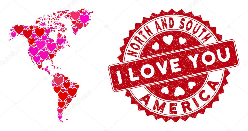 Love Heart Mosaic South and North America Map with Grunge Watermark