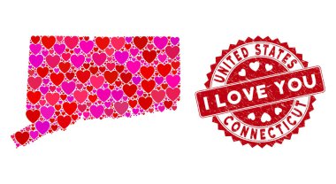 Aşk Kalbi Kolajı Connecticut Eyalet Haritası Tehlike Mührü