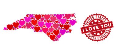 Sevgililer Günü Kolajı Kuzey Carolina Eyalet Haritası Grunge Stamp ile