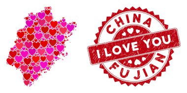 Aşk Kalbi Kolajı Fujian İlçe Haritası Grunge Stamp ile