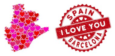 Sevimli Yürek Mozaik Barcelona İlçe Haritası Grunge Mühür Mührü