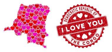 Aşk Kalbi Kolajı Demokratik Kongo Cumhuriyeti Damgalı Filigranı Haritası