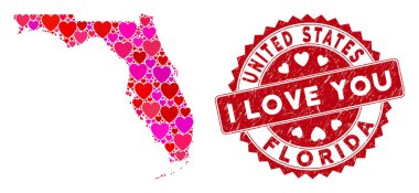 Kazınmış Damgalı Valentine Kalp Kolajı Florida Haritası