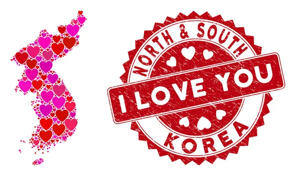 San Valentín Collage Corazón Corea del Norte y del Sur Mapa con Sello Texturizado — Vector de stock