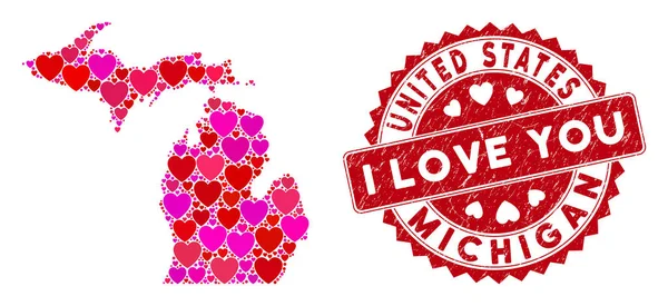 Valentine Heart Mosaic Mapa do Estado de Michigan com selo Grunge — Vetor de Stock