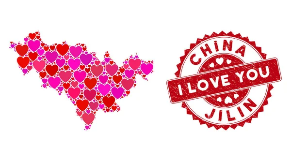 Lovely Heart Collage Jilin tartomány térképe a Grunge vízjel segítségével — Stock Vector