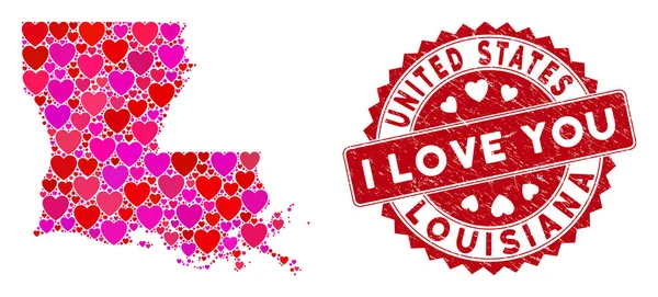 Love Heart Collage Mapa do Estado de Louisiana com Selo Arranhado — Vetor de Stock