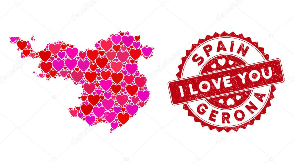 Love Heart Collage Gerona Province Map with Grunge Stamp
