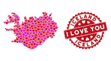 Sevgililer Günü Mozaik İzlanda Haritası Grunge Filigranı
