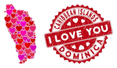 Aşk Yüreği Mozaiği Dominica Adası Grunge Mührü Haritası