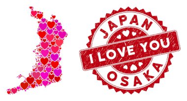 Sevgililer Günü Kolajı Osaka Bölgesi Grunge Mührü Haritası