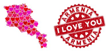 Sevgililer Günü Kolajı Ermenistan Haritası Grunge Filigranı