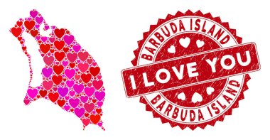 Valentine Heart Mozaik Barbuda Adası Haritası Grunge Mühür Mührü