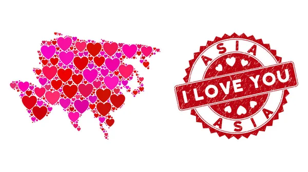 Valentine Heart Mosaic Asia Térkép megjelenítése karcos bélyegzővel — Stock Vector