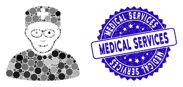 Collage medizinischer Spezialist Ikone mit strukturiertem Stempel medizinischer Leistungen — Stockvektor