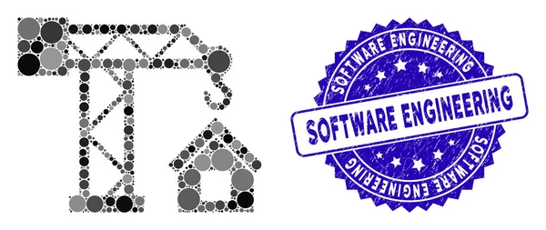 Collage Build Dům ikona s nouzovým softwarem inženýrské pečeti — Stockový vektor