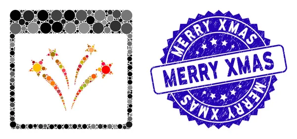 Collage Feux d'artifice Calendrier Page Icône avec détresse Joyeux Noël Timbre — Image vectorielle