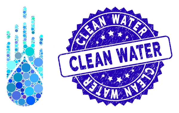 Collage vallende drop icoon met nood Schoon water Seal — Stockvector