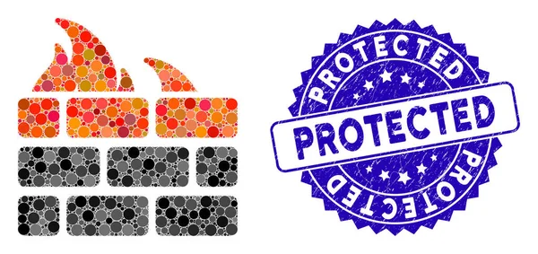 Ψηφιδωτή εικόνα τείχους προστασίας με την προστατευμένη σφραγίδα Grunge — Διανυσματικό Αρχείο