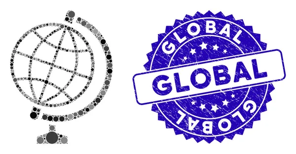 Collage Icono Global con Sello Global Texturizado — Vector de stock