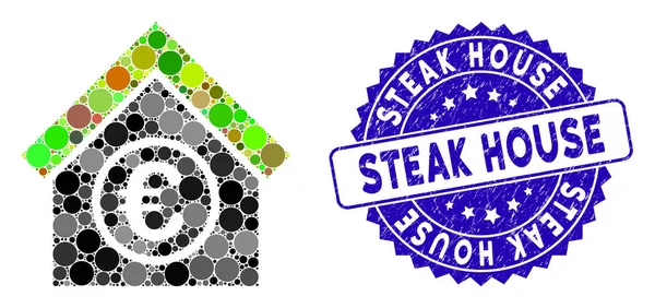 Kolaż Euro Financial Center Ikona ze stemplem Steak House — Wektor stockowy