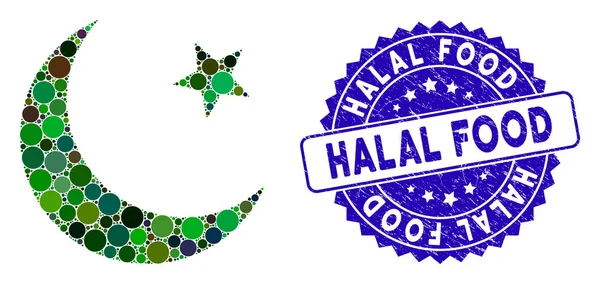 โมเสคไอคอนดวงจันทร์มุสลิมที่มีแสตมป์อาหารฮาลาล — ภาพเวกเตอร์สต็อก