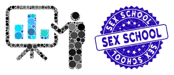 Ícone de apresentação de gráfico de barras de mosaico com selo de escola de sexo texturizado — Vetor de Stock