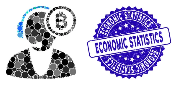 Collage Icône opérateur Bitcoin avec des statistiques économiques rayées Sceau — Image vectorielle