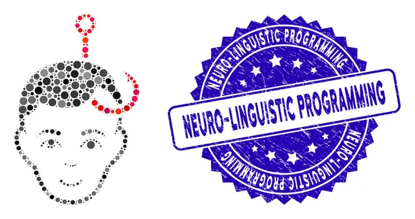 Icona testa uomo agganciato collage con francobollo di programmazione neuro-linguistica di disagio — Vettoriale Stock