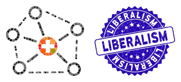 Ícone de estrutura de rede médica mosaico com selo de liberalismo riscado —  Vetores de Stock