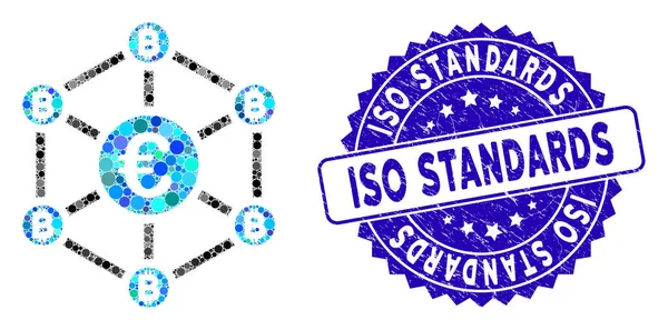 Collage Euro Bitcoin Network Icon met gekraakte Iso Standards Seal — Stockvector