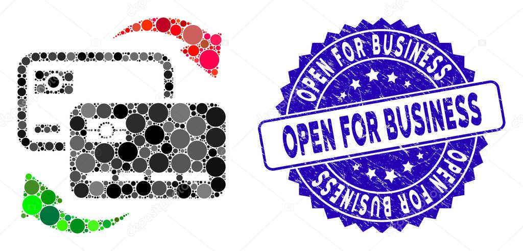 Collage Banking Card Exchange Icon with Distress Open for Business Seal