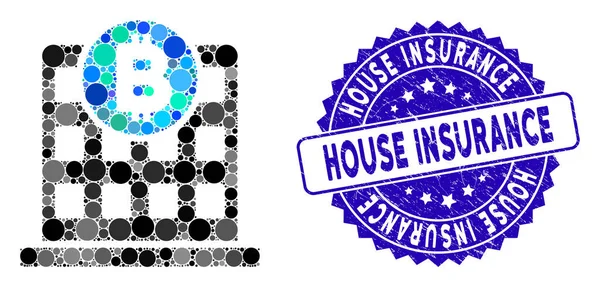 Mosaico Bitcoin edificio de oficinas icono con sello de seguro de casa texturizada — Vector de stock