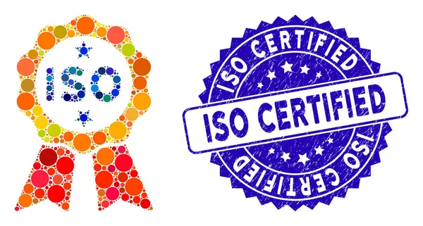 Collage Iso gecertificeerd pictogram met gestructureerde Iso gecertificeerd zegel — Stockvector