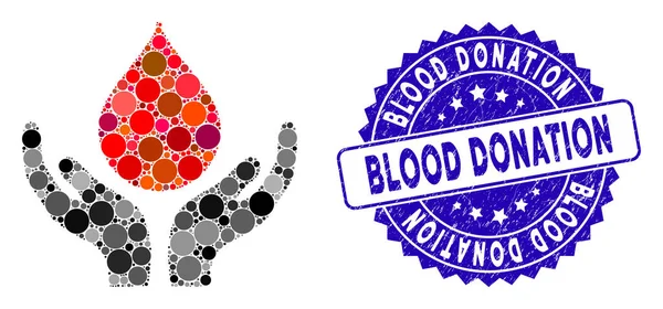 Icono de manos de donación de sangre mosaico con sello de donación de sangre texturizada — Vector de stock