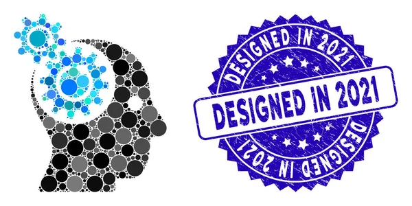 Mosaic Brain Gears Rotation Icon with Grunge Design in 2021 Stamp — 图库矢量图片