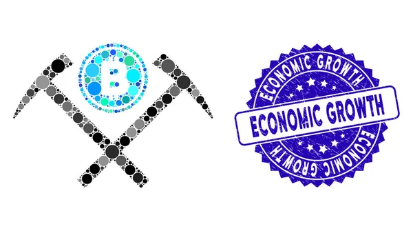 Mozaic Bitcoin ciocane miniere icoană cu sigiliu de creștere economică texturat — Vector de stoc