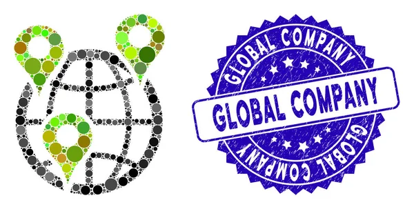 Mosaic Global Company Branches Icon with Grunge Global Company Stamp — 스톡 벡터