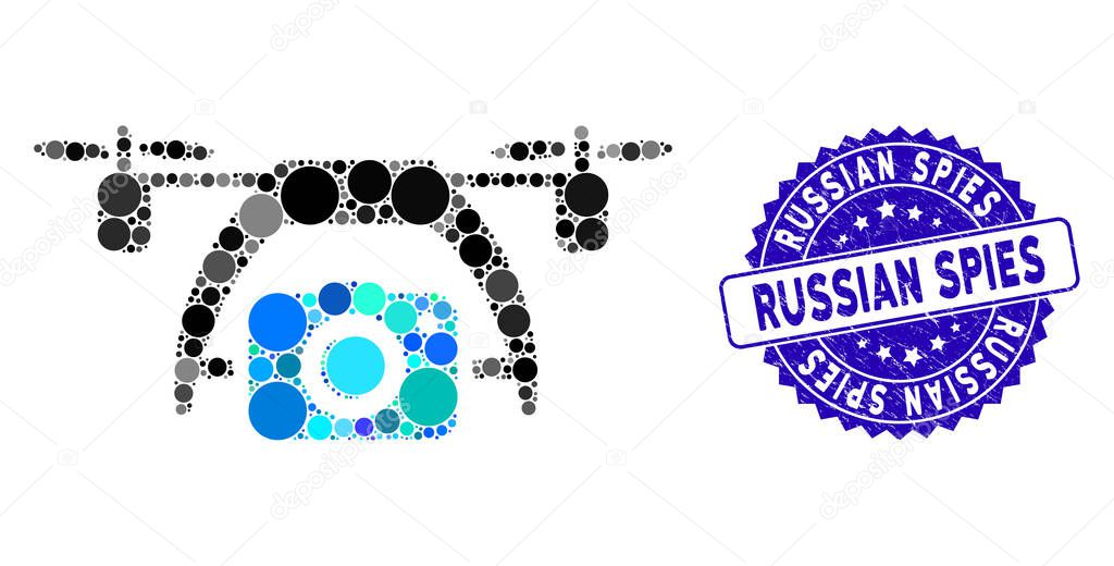 Mosaic Photo Drone Icon with Grunge Russian Spies Seal