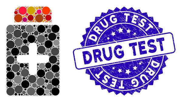 Icono de botella de medicación Collage con sello de prueba de drogas Grunge — Archivo Imágenes Vectoriales