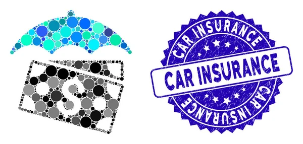 Collage Billetes paraguas icono con sello de seguro de coche rayado — Vector de stock