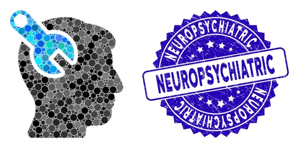 Coage Head Neurology Wrench Icon with Distress Neuropsychiatric Seal — стоковий вектор