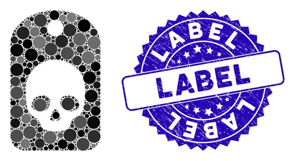 Ícone de etiqueta de crânio mosaico com selo de etiqueta Grunge — Vetor de Stock