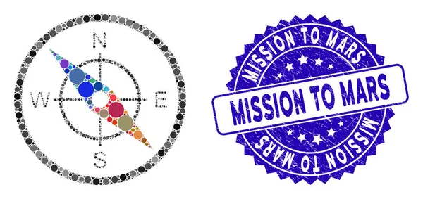 Collage Kompass ikonen med Grunge Mission till Mars Seal — Stock vektor