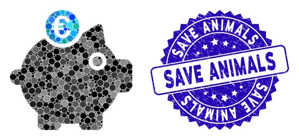Ψηφιδωτό Ευρώ Piggy Τράπεζα εικονίδιο με Distress Save Animals σφραγίδα — Διανυσματικό Αρχείο