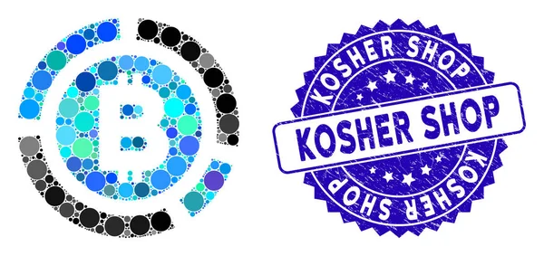 Collage Bitcoin Diagrama icono con textura Kosher Shop Sello — Vector de stock