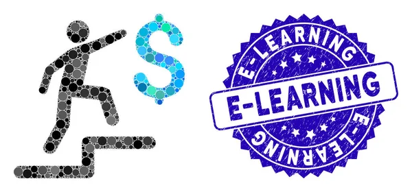 Collage Geschäftsschritte Ikone mit Grunge E-Learning-Stempel — Stockvektor