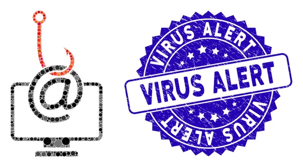 Collage ordinateur Email Icône d'hameçonnage avec Grunge Virus Alert Seal — Image vectorielle