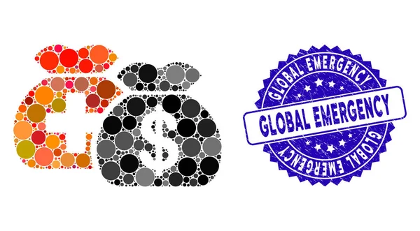 Collage Medical Fund Bolsas icono con el sello de emergencia mundial rayado — Vector de stock
